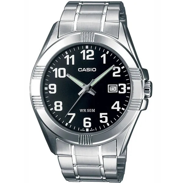 Casio MTP-1308D-1B férfi karóra, acél szíj, fekete számlap, WR50, 39 mm