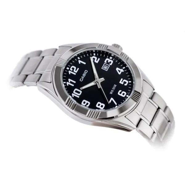 Casio MTP-1308D-1B férfi karóra, acél szíj, fekete számlap, WR50, 39 mm