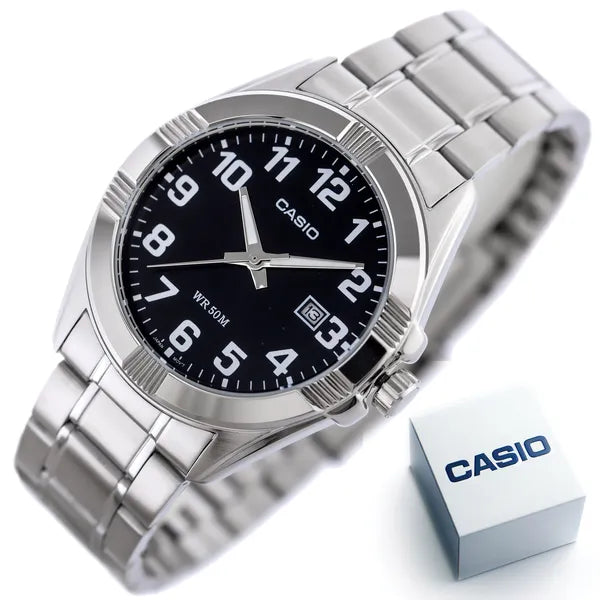Casio MTP-1308D-1B férfi karóra, acél szíj, fekete számlap, WR50, 39 mm