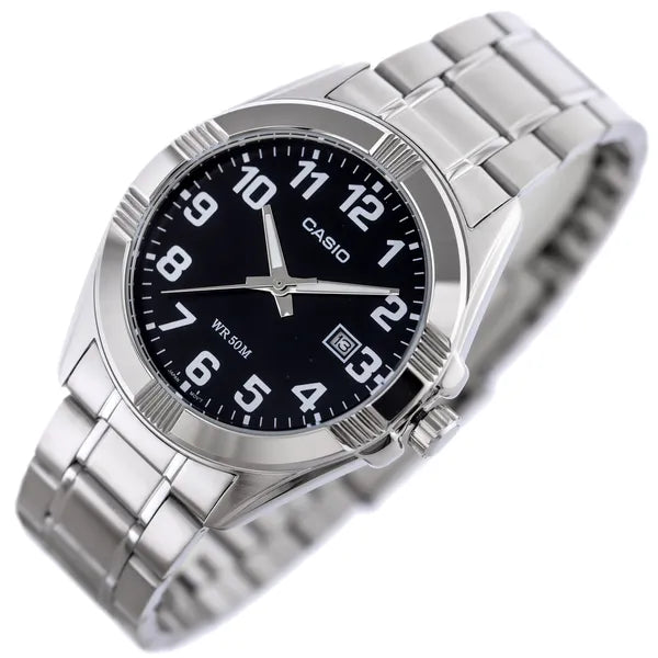 Casio MTP-1308D-1B férfi karóra, acél szíj, fekete számlap, WR50, 39 mm