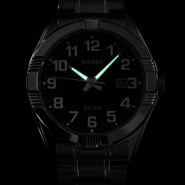 Casio MTP-1308D-1B férfi karóra, acél szíj, fekete számlap, WR50, 39 mm