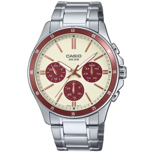 Casio MTP-1374D-5A2 férfi karóra, acél tok és csat, krém számlap, WR50 + doboz
