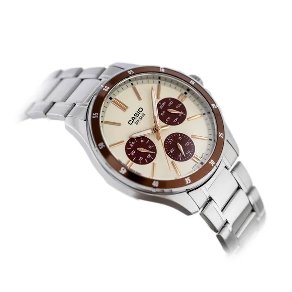 Casio MTP-1374D-5A2 férfi karóra, acél tok és csat, krém számlap, WR50 + doboz