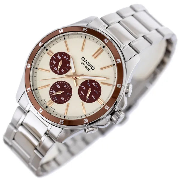 Casio MTP-1374D-5A2 férfi karóra, acél tok és csat, krém számlap, WR50 + doboz