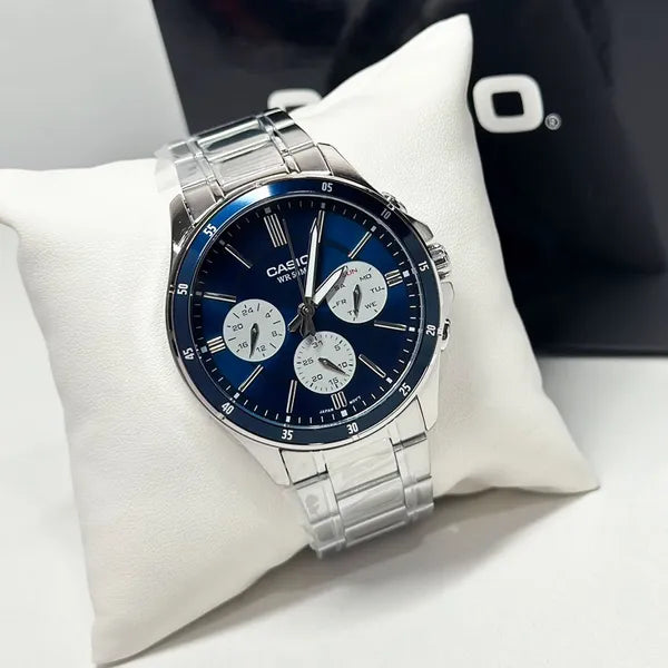 Casio MTP-1374D-2A3 férfi karóra, acél szíj, kék számlap, 44 mm, WR50, kronográf