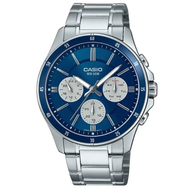 Casio MTP-1374D-2A3 férfi karóra, acél szíj, kék számlap, 44 mm, WR50, kronográf