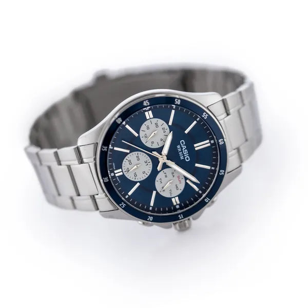 Casio MTP-1374D-2A3 férfi karóra, acél szíj, kék számlap, 44 mm, WR50, kronográf