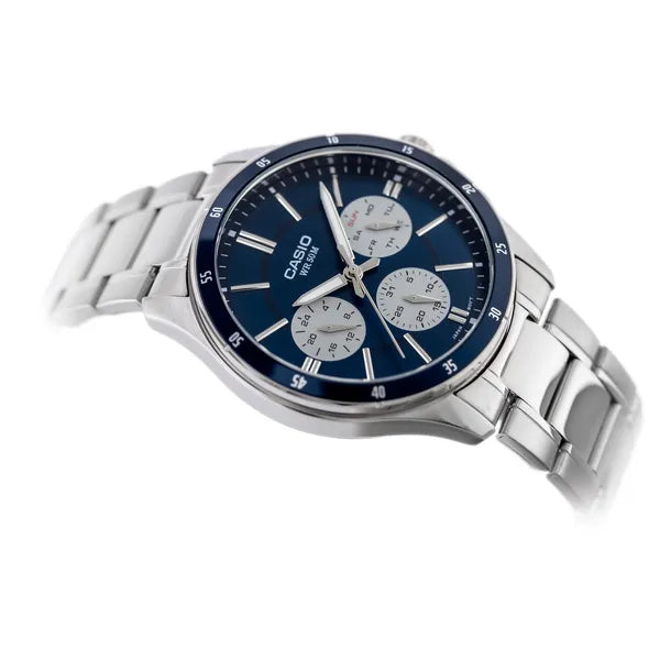 Casio MTP-1374D-2A3 férfi karóra, acél szíj, kék számlap, 44 mm, WR50, kronográf