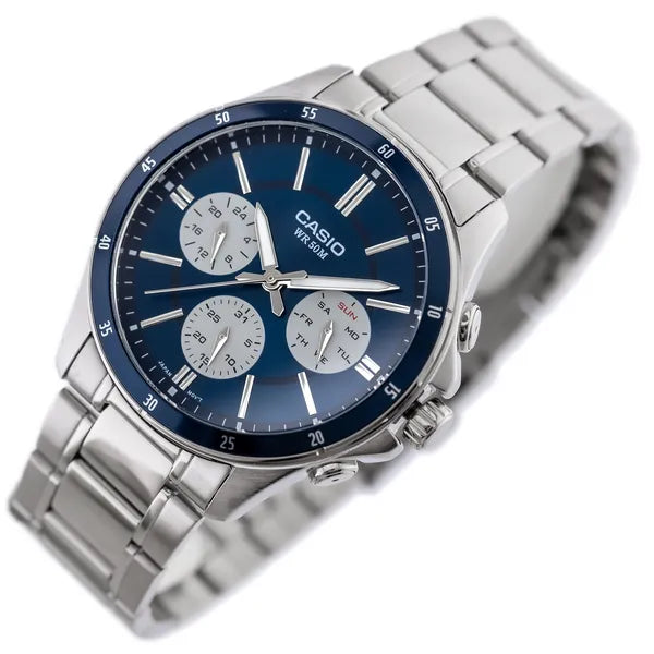 Casio MTP-1374D-2A3 férfi karóra, acél szíj, kék számlap, 44 mm, WR50, kronográf