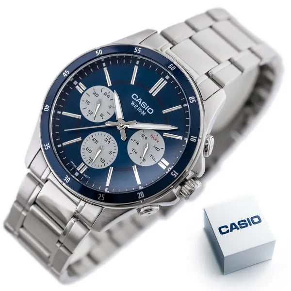 Casio MTP-1374D-2A3 férfi karóra, acél szíj, kék számlap, 44 mm, WR50, kronográf