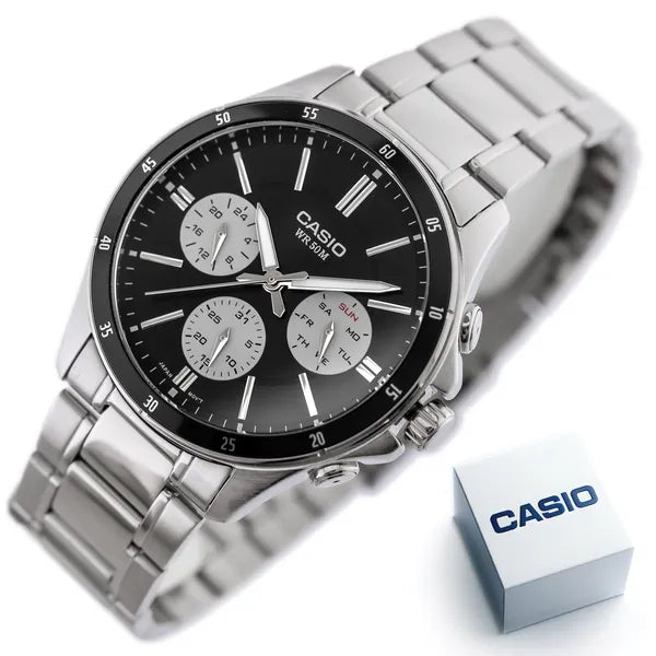 Casio MTP-1374D-1A3 férfi karóra, acél szíj, fekete számlap, 44 mm, WR50