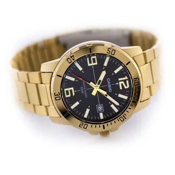 Casio MTP-VD01G-1B férfi karóra, arany acél, fekete számlap, WR50