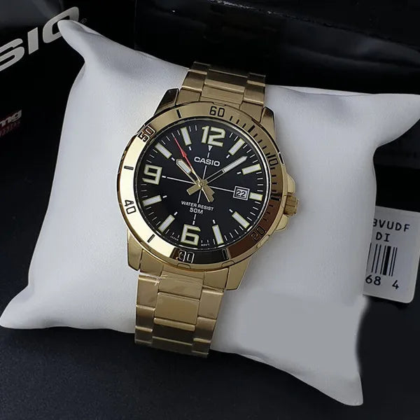 Casio MTP-VD01G-1B férfi karóra, arany acél, fekete számlap, WR50