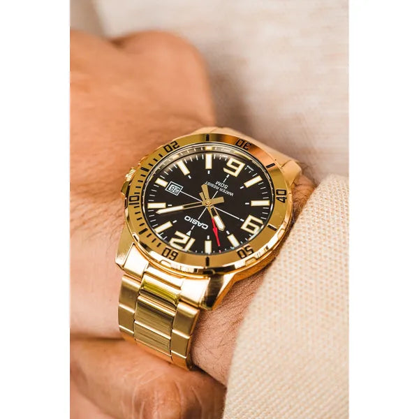 Casio MTP-VD01G-1B férfi karóra, arany acél, fekete számlap, WR50