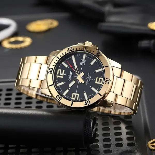 Casio MTP-VD01G-1B férfi karóra, arany acél, fekete számlap, WR50