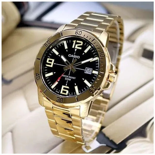 Casio MTP-VD01G-1B férfi karóra, arany acél, fekete számlap, WR50