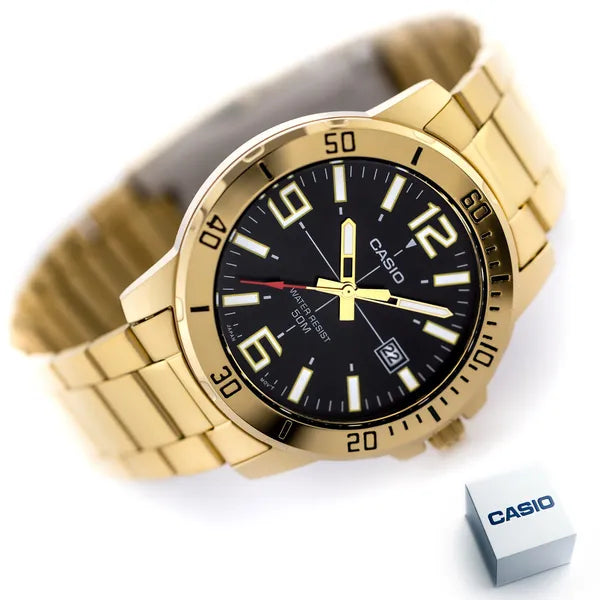 Casio MTP-VD01G-1B férfi karóra, arany acél, fekete számlap, WR50