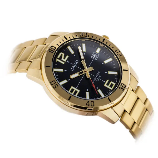 Casio MTP-VD01G-1B férfi karóra, arany acél, fekete számlap, WR50