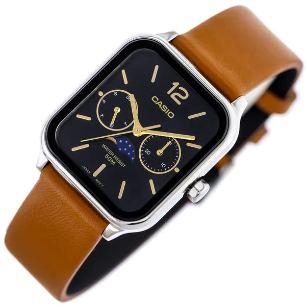 Casio MTP-M305L-1A férfi kvarc karóra, barna bőrszíj, fekete számlap, WR50
