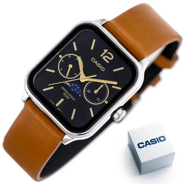 Casio MTP-M305L-1A férfi kvarc karóra, barna bőrszíj, fekete számlap, WR50