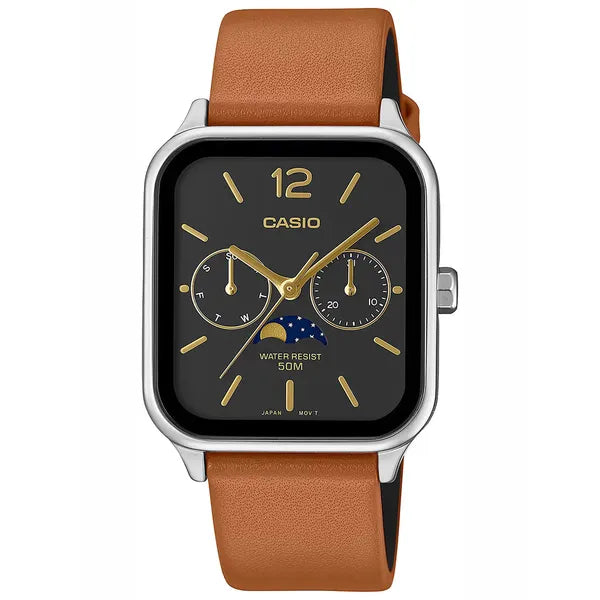 Casio MTP-M305L-1A férfi kvarc karóra, barna bőrszíj, fekete számlap, WR50