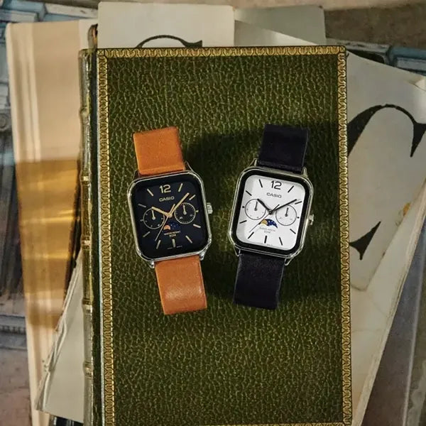 Casio MTP-M305L-1A férfi kvarc karóra, barna bőrszíj, fekete számlap, WR50