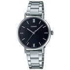 Casio LTP-VT02D-1A női karóra, fekete számlap, acél szíj, WR30, 30 mm, díszdoboz