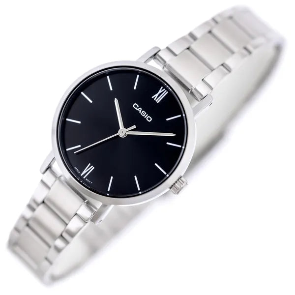 Casio LTP-VT02D-1A női karóra, fekete számlap, acél szíj, WR30, 30 mm, díszdoboz