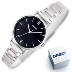 Casio LTP-VT02D-1A női karóra, fekete számlap, acél szíj, WR30, 30 mm, díszdoboz