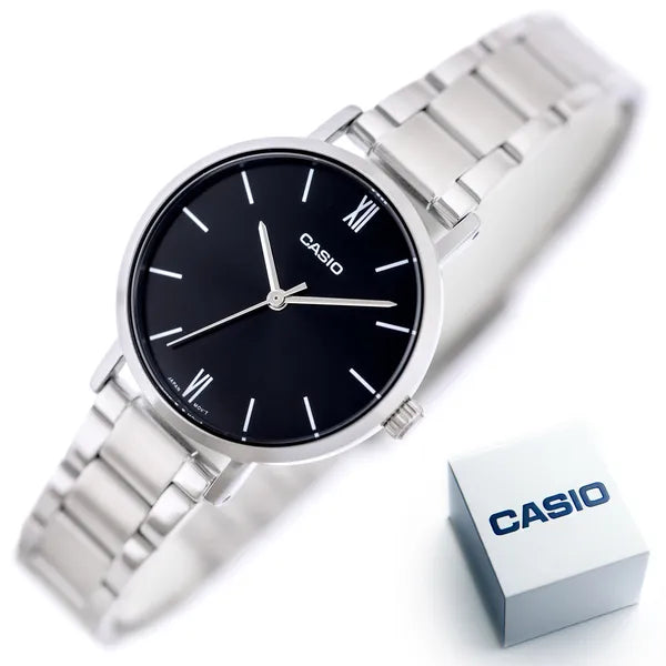Casio LTP-VT02D-1A női karóra, fekete számlap, acél szíj, WR30, 30 mm, díszdoboz