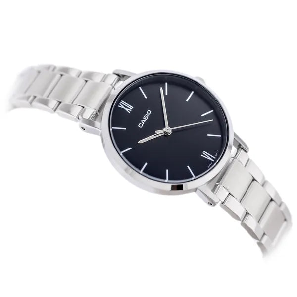 Casio LTP-VT02D-1A női karóra, fekete számlap, acél szíj, WR30, 30 mm, díszdoboz