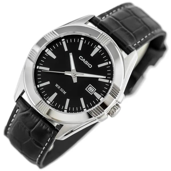 Casio férfi karóra, MTP-1308L-1AVEF, bőrszíj, fekete számlap, WR50, 39 mm