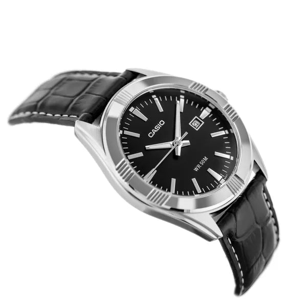 Casio férfi karóra, MTP-1308L-1AVEF, bőrszíj, fekete számlap, WR50, 39 mm