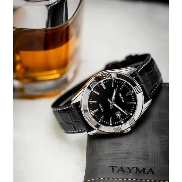 Casio férfi karóra, MTP-1308L-1AVEF, bőrszíj, fekete számlap, WR50, 39 mm