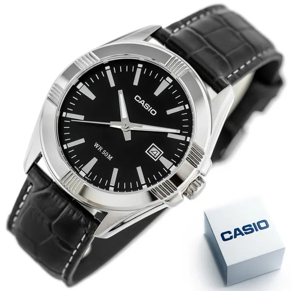 Casio férfi karóra, MTP-1308L-1AVEF, bőrszíj, fekete számlap, WR50, 39 mm