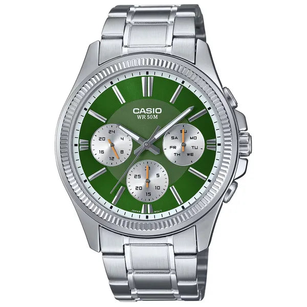 Casio férfi karóra, zöld számlap, acél szíj, 50 m, dátum/nap, MTP-1375D