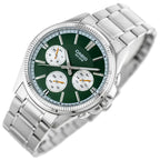 Casio férfi karóra, zöld számlap, acél szíj, 50 m, dátum/nap, MTP-1375D