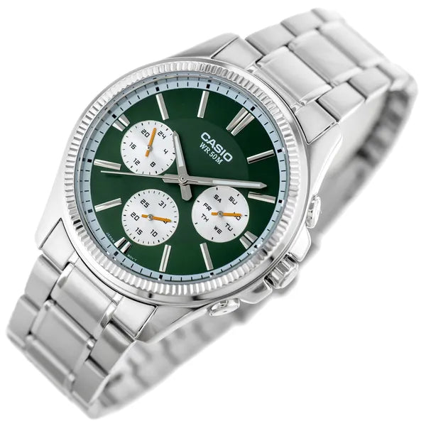 Casio férfi karóra, zöld számlap, acél szíj, 50 m, dátum/nap, MTP-1375D