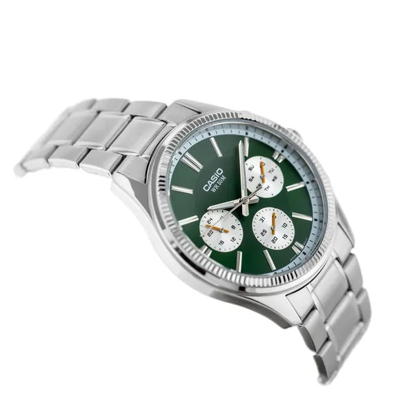 Casio férfi karóra, zöld számlap, acél szíj, 50 m, dátum/nap, MTP-1375D