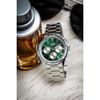 Casio férfi karóra, zöld számlap, acél szíj, 50 m, dátum/nap, MTP-1375D