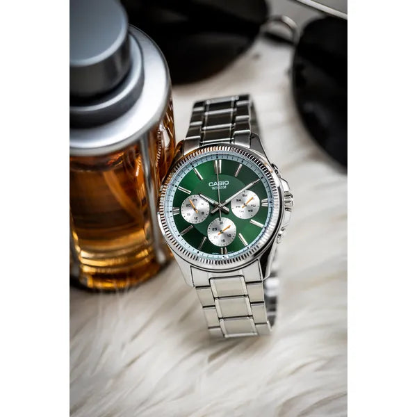 Casio férfi karóra, zöld számlap, acél szíj, 50 m, dátum/nap, MTP-1375D