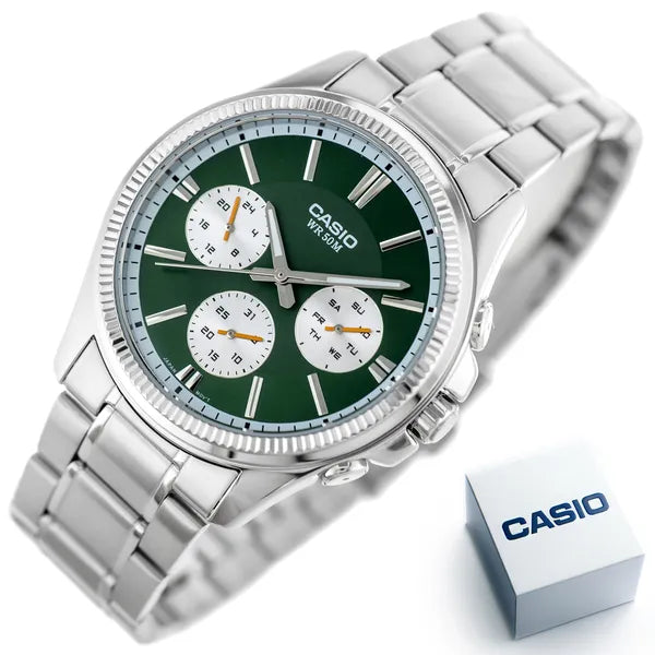 Casio férfi karóra, zöld számlap, acél szíj, 50 m, dátum/nap, MTP-1375D