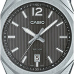 Casio MTP-E725L-1AVDF férfi karóra, fekete bőrszíj, ezüst tok WR50 díszdobozzal