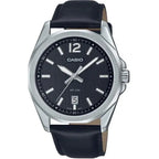 Casio MTP-E725L-1AVDF férfi karóra, fekete bőrszíj, ezüst tok WR50 díszdobozzal