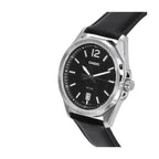 Casio MTP-E725L-1AVDF férfi karóra, fekete bőrszíj, ezüst tok WR50 díszdobozzal