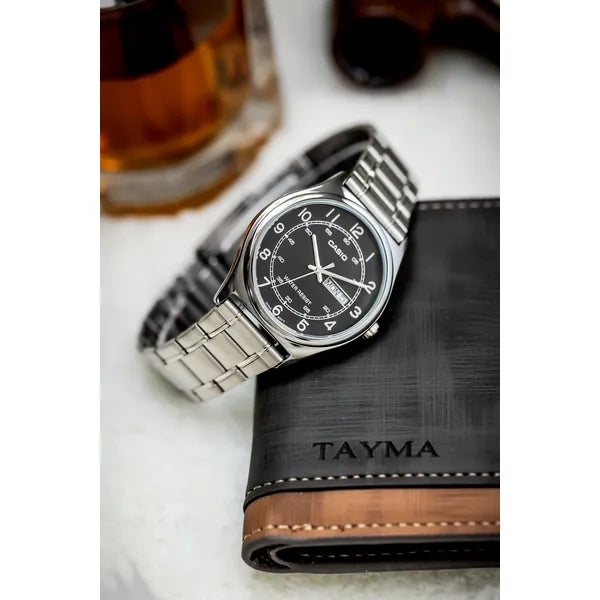 Casio MTP-V006D-1B2 férfi karóra, acél szíj, fekete számlap, 38 mm, kvarc, WR30