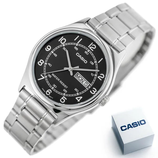 Casio MTP-V006D-1B2 férfi karóra, acél szíj, fekete számlap, 38 mm, kvarc, WR30