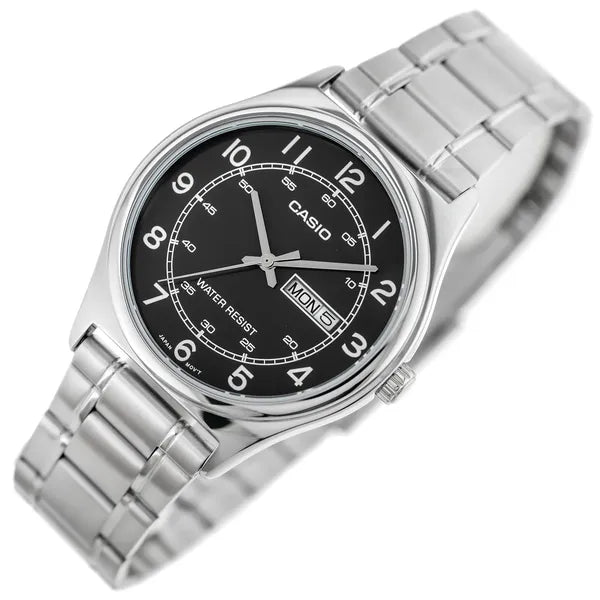 Casio MTP-V006D-1B2 férfi karóra, acél szíj, fekete számlap, 38 mm, kvarc, WR30
