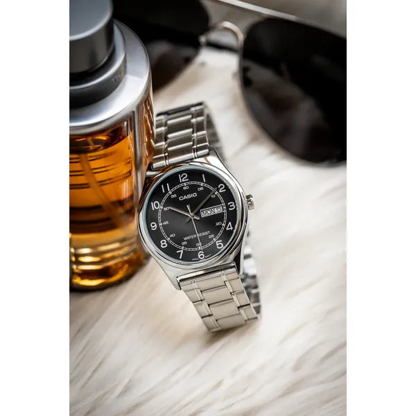 Casio MTP-V006D-1B2 férfi karóra, acél szíj, fekete számlap, 38 mm, kvarc, WR30