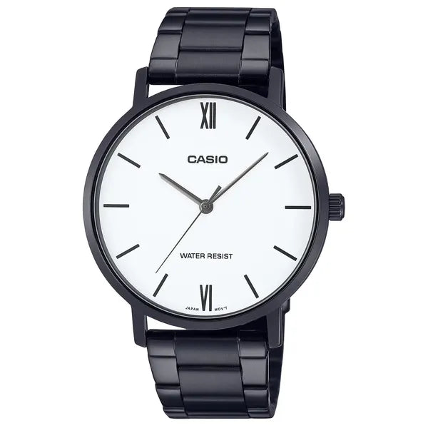 Casio férfi karóra MTP-VT01B-7B, fekete acél, fehér számlap, 40 mm, díszdoboz